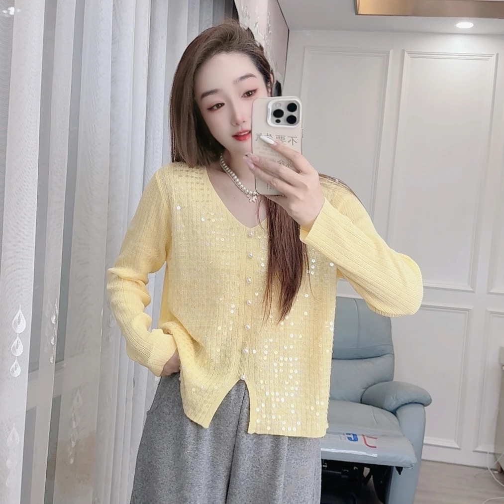 2550现货春夏针织衫长袖亮片V领宽松女装韩版减显瘦套头时尚罩衫
