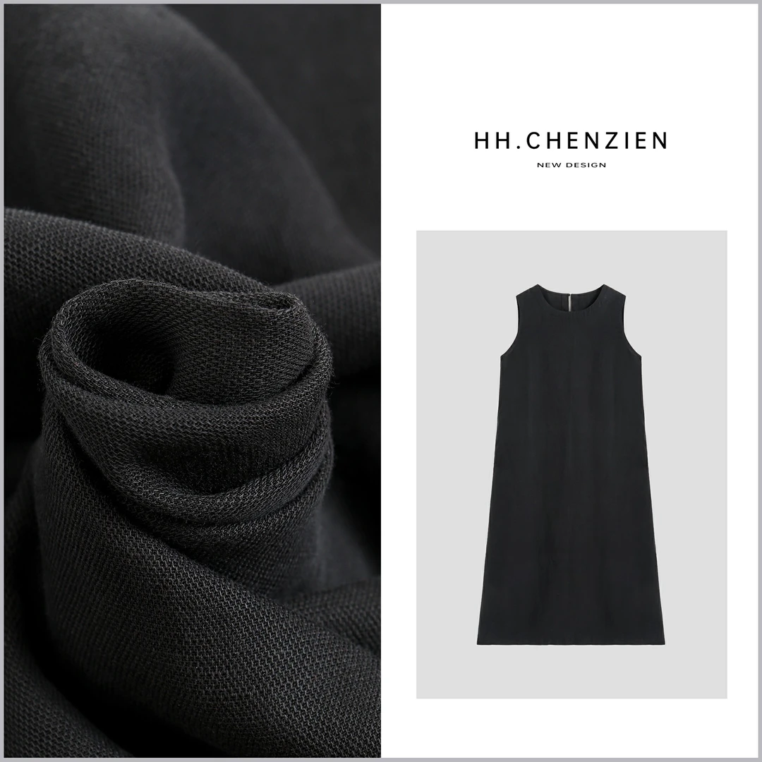 【黑黑家】夏季新款圆领无袖设计净版连衣裙