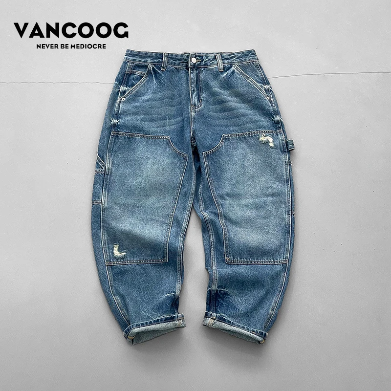 VANCOOG25新款美潮百搭双膝伐木破洞工装小直筒长裤微锥牛仔裤男