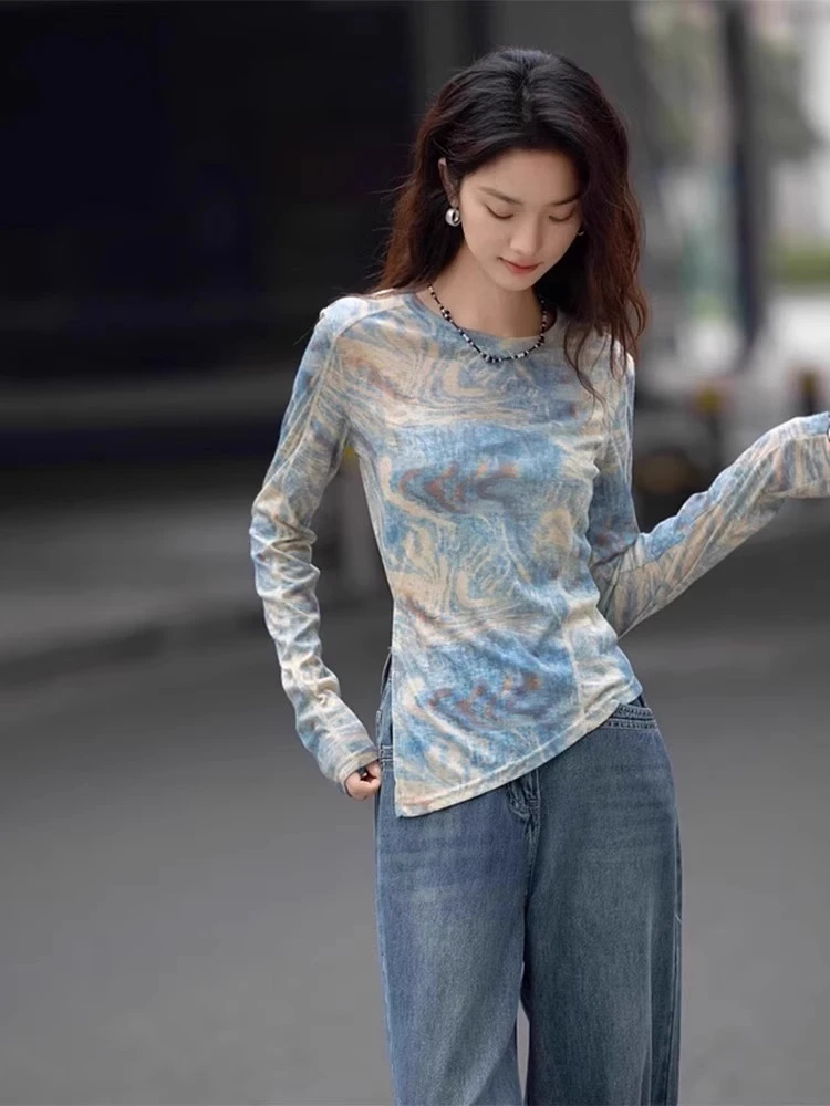 不规则长袖t恤女2025新款夏季薄款防晒罩衫修身别致双层网纱上衣