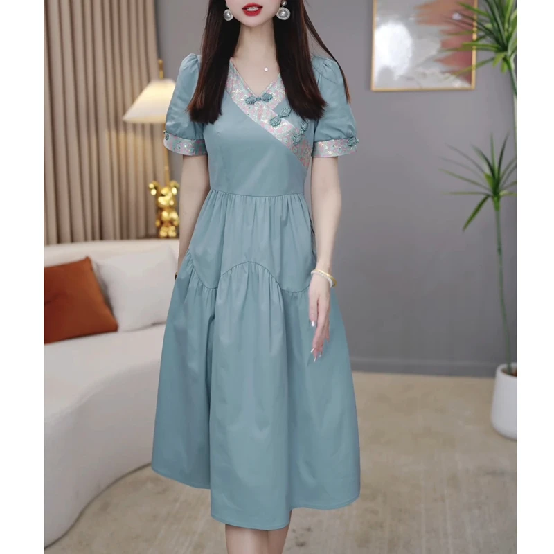 时尚高端中式短袖连衣裙女2025夏季新款气质优雅显瘦国风复古裙子