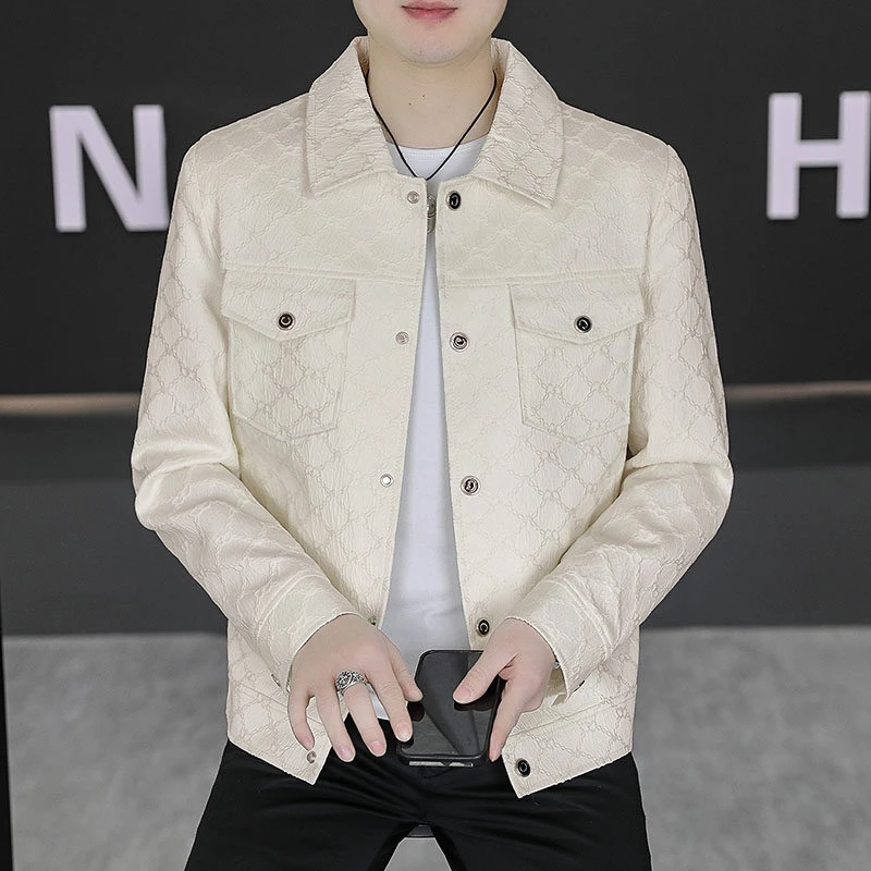 男士翻领夹克2025春秋新款痞帅男装修身帅气韩版外套时尚提花上衣