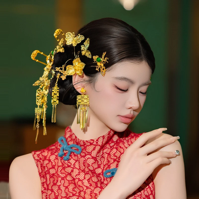 合金树脂婚庆饰品 金色新娘发饰蝴蝶喜字流苏秀禾旗袍配饰MT0104
