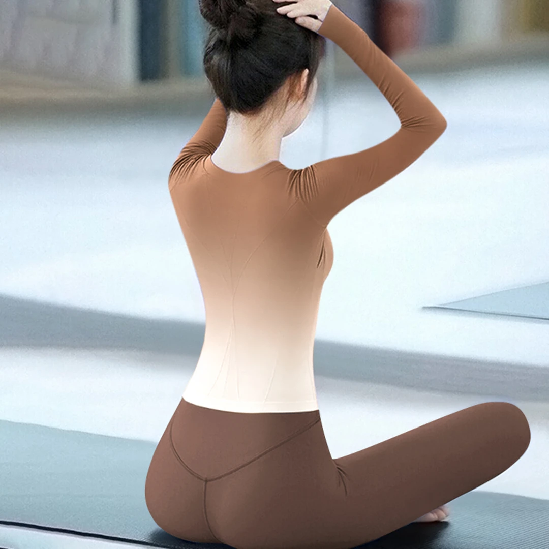 绝美瑜伽服渐变上衣女2025新款裸感普拉提跑步速干长袖健身衣秋冬