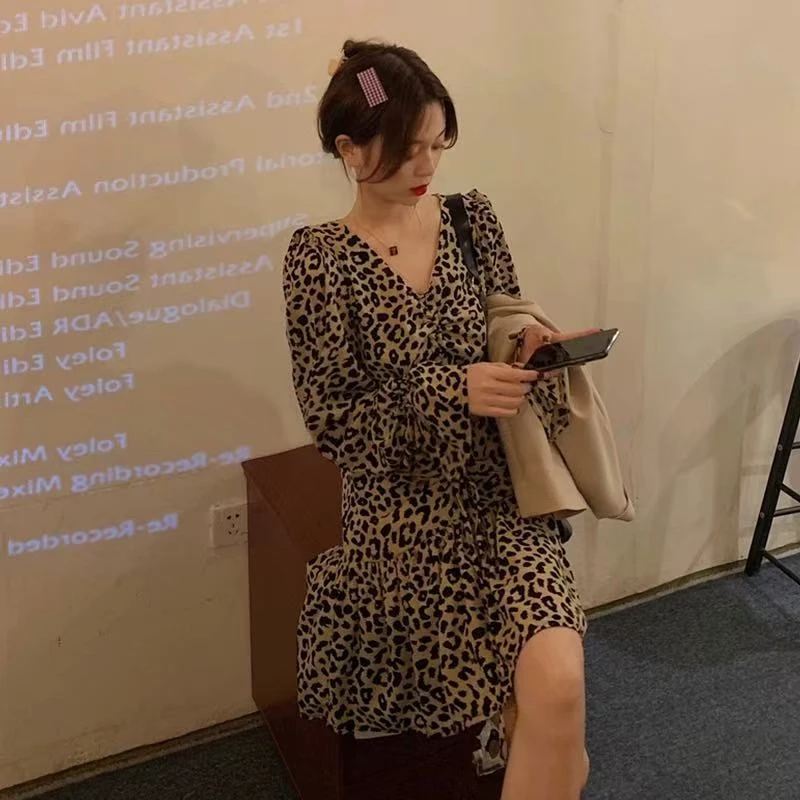 671#收腰气质长袖时尚黑白迷宫真丝连衣裙裙子秋季豹纹