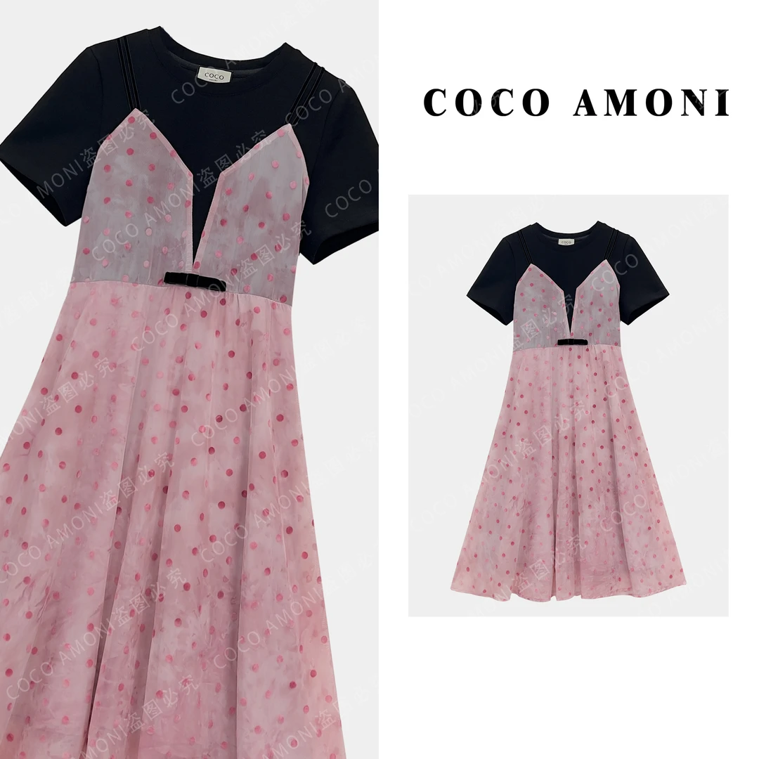 粉色纱裙拼接款假两件A字裙遮肉显示新款连衣裙ZC329