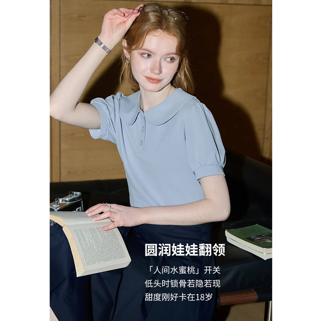 【多色可选】库恩玛维韩版娃娃领T恤女2025年夏新款减龄遮肉上衣