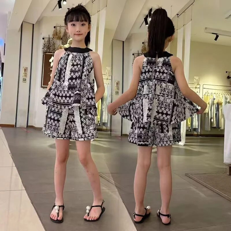 女童套装夏季薄款2025新款韩版儿童吊带衫阔腿裤两件套女大童夏装