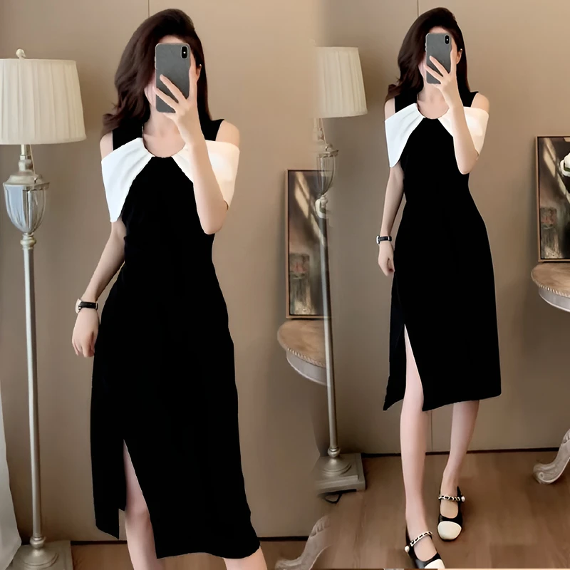 时尚气质露肩连衣裙女2025年夏季新款宽松显瘦拼接收腰开叉裙子潮