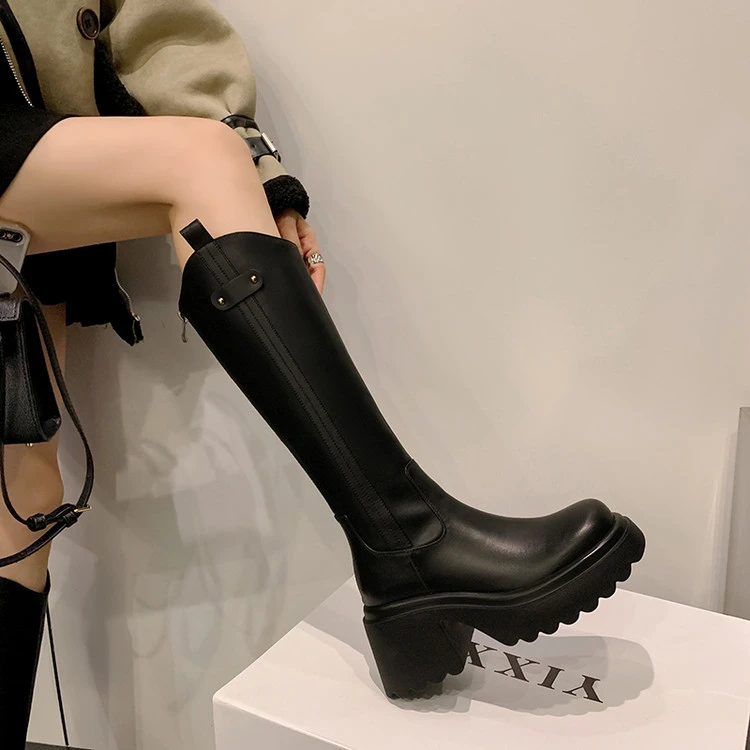 8cm【牛皮】 新款高跟厚底长筒靴百搭时装靴增高女秋冬/大小/加大筒