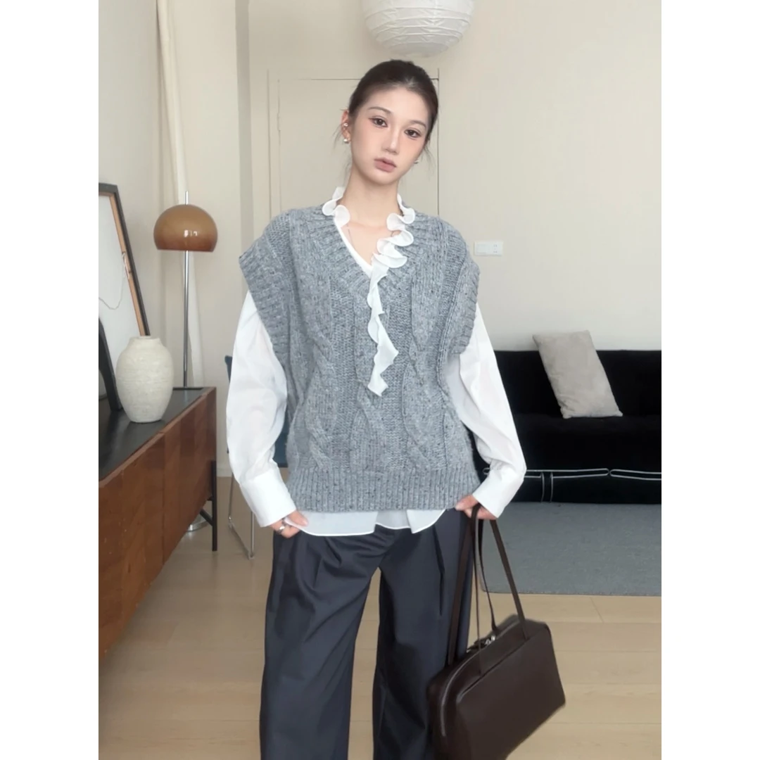 CHACHASTU【鱼线工艺】极简波浪领衬衫马夹时髦叠穿休闲风 H4293W-1