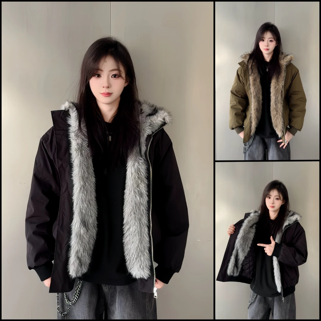 Apricot Treasure 冬季美式休闲毛领座山雕夹克外套棉服