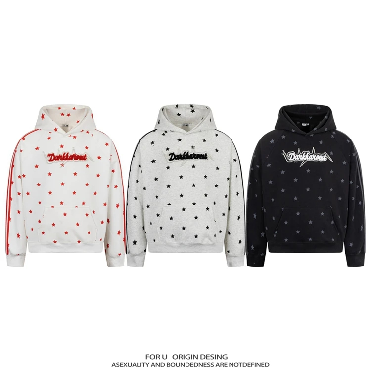 FOR U 原创国潮美式复古星星字母刺绣连帽卫衣宽松三条杠休闲外套