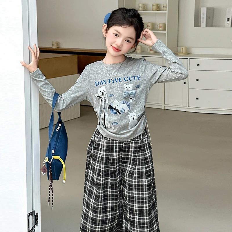 女童秋款休闲风小狗卫衣打底衫2025新款格子阔腿裤套装