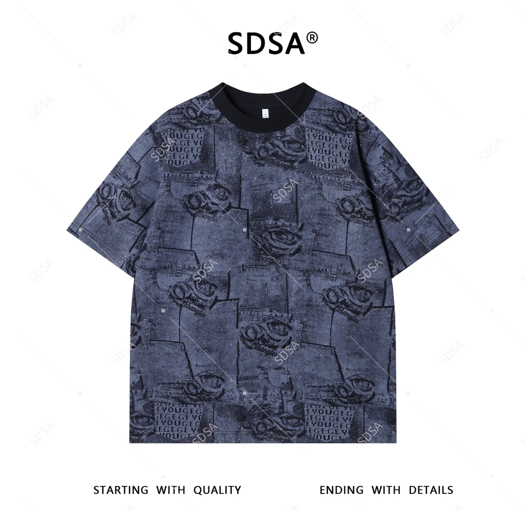 SDSA夏季高级感新款男士复古潮流满天星字母设计短袖T恤休闲百搭