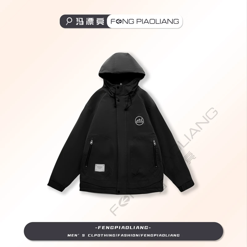 黑【诚意满满！】2024秋冬二棉外套连帽休闲圆圈雪山刺绣情侣款7716