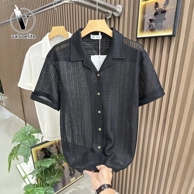 VALVOELITE高端夏季2025新款时尚潮流镂空短袖衬衫男宽松休闲上衣