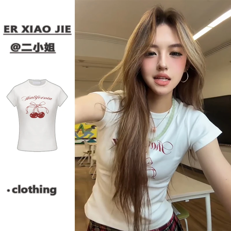 美式辣妹基础款正肩短款夏季短袖t恤女修身显瘦薄款白色收腰上衣
