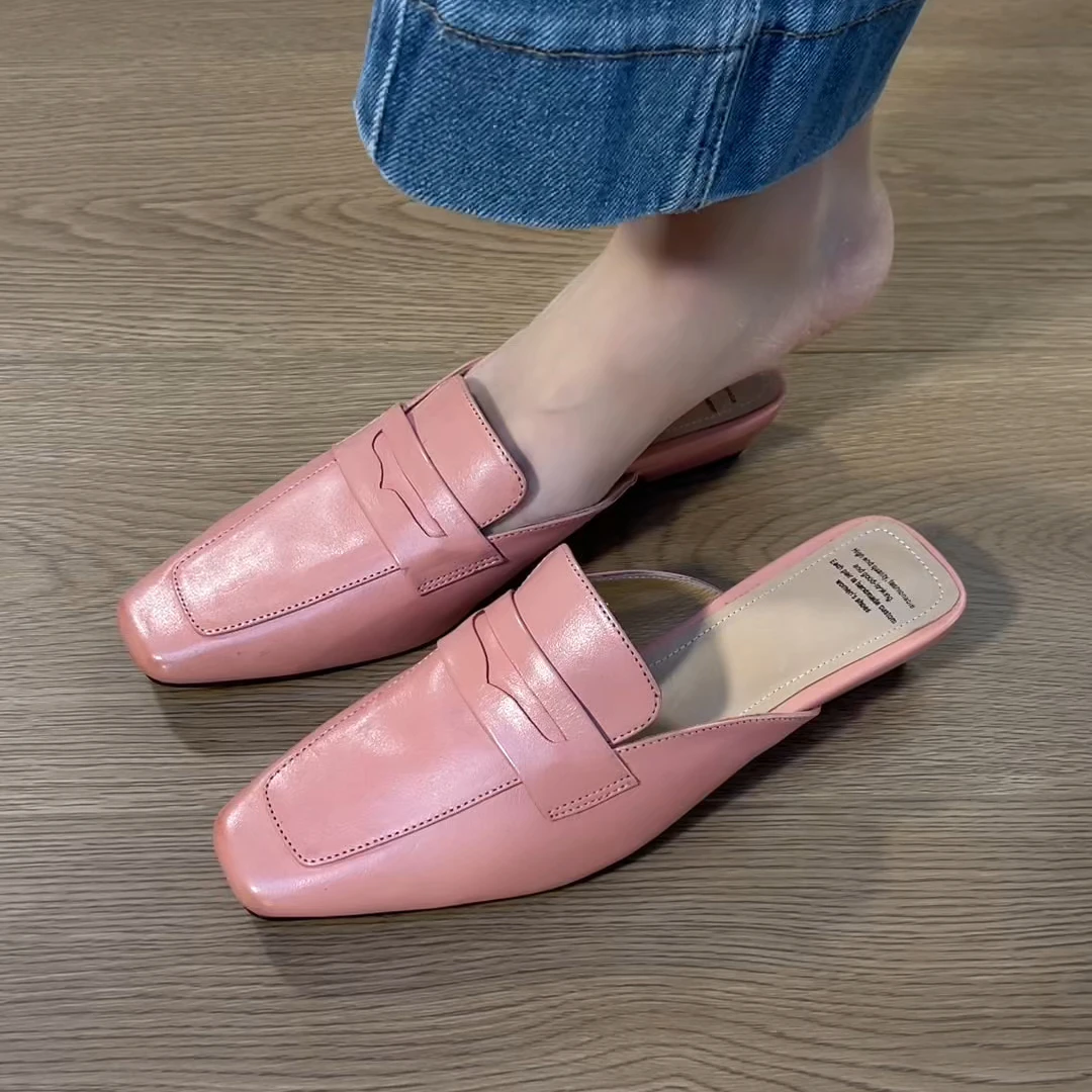 夏季2025年新款包头拖方头通勤真皮穆勒拖时尚百搭一脚蹬半拖鞋