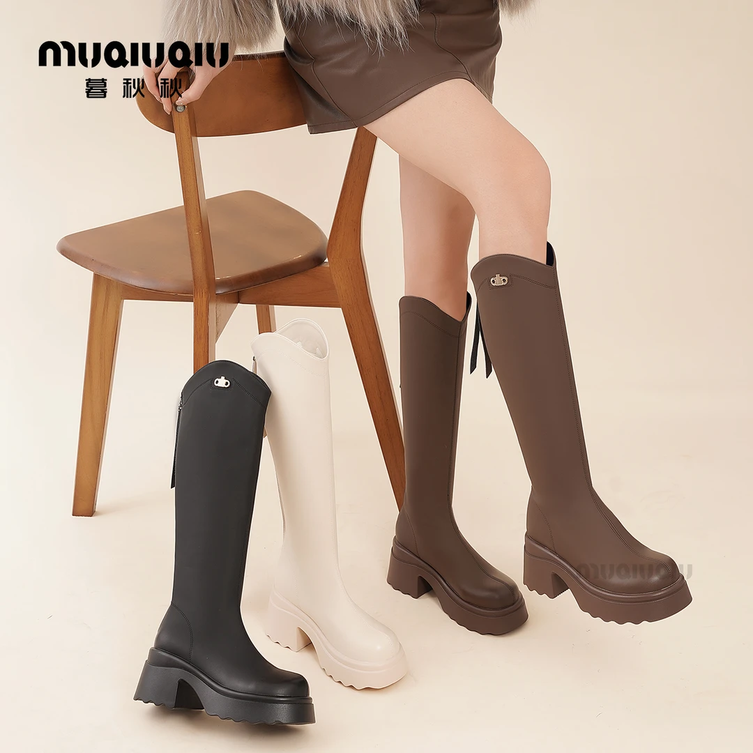暮秋秋厚底v口长筒靴2025新款秋冬复古英伦骑士靴高筒显瘦靴子女