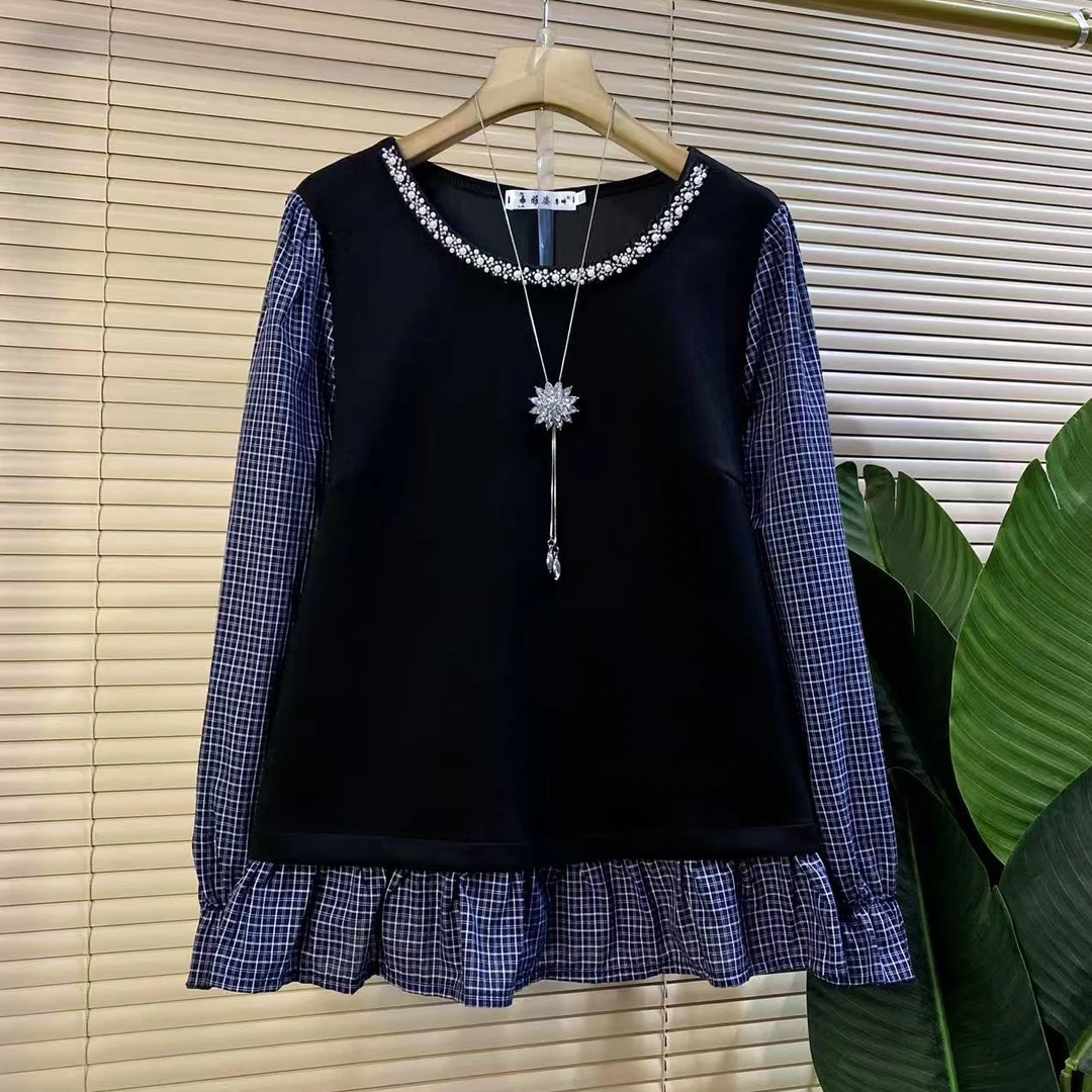 Y胖mm欧货时尚新款秋季重工减龄格纹拼接显瘦女人衫