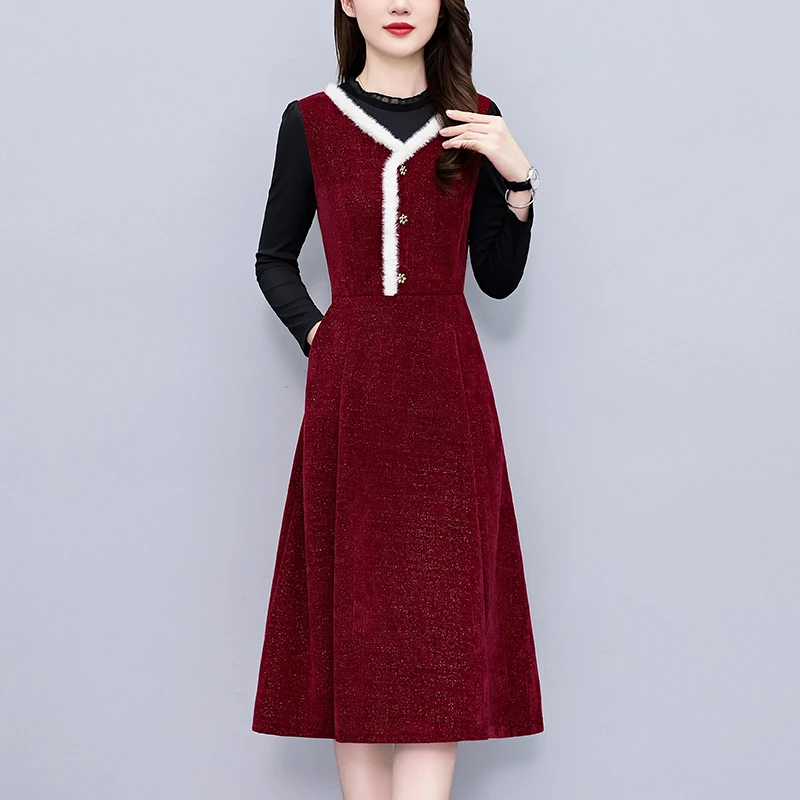 灯芯绒假两件套中年大码女胖mm时尚洋气修身长袖显瘦连衣裙秋冬季