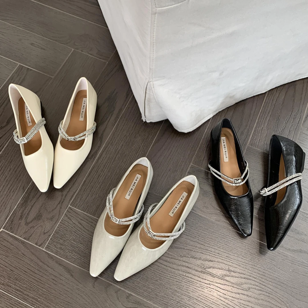 欧货水钻内尖头浅口单鞋女新款气质一脚蹬低跟小皮鞋G2738