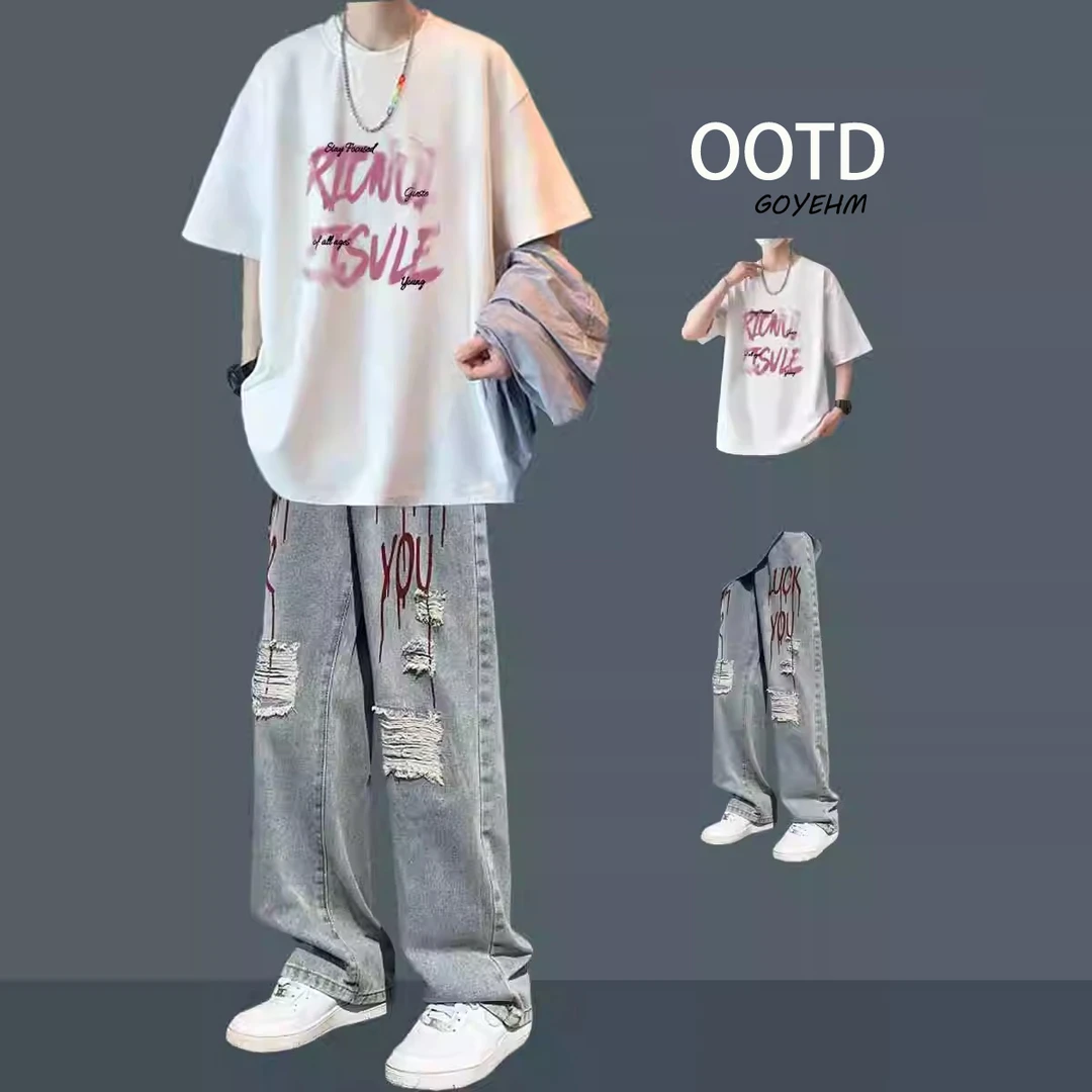 夏季男生短袖T恤套装休闲男装搭配牛仔裤潮男潮牌时尚显高两件套