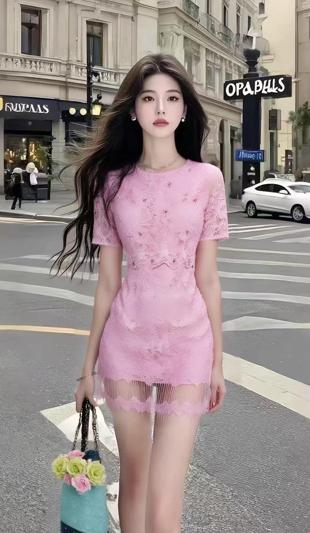 轻奢时尚气质名媛粉色圆领短袖收腰蕾丝包臀连衣裙女氛围感裙子