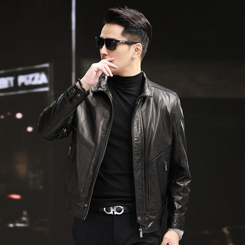 VBA 2850 MYM头层牛皮立翻领海宁真皮皮衣休闲时尚皮夹克男装外套