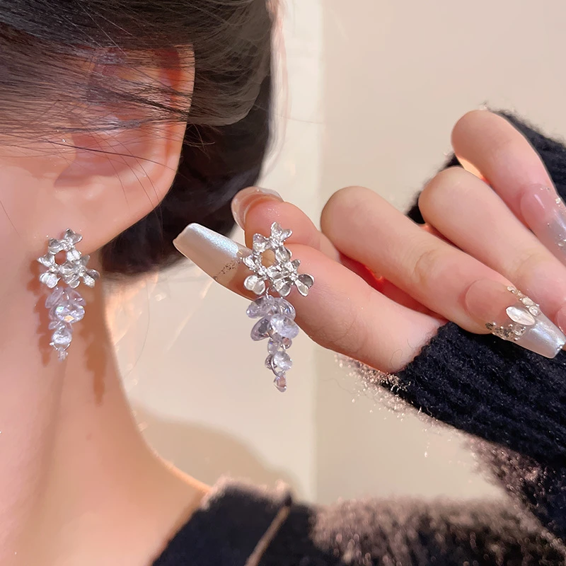 铜合金锆石耳饰 韩系爆款甜美气质花朵长款水晶流苏