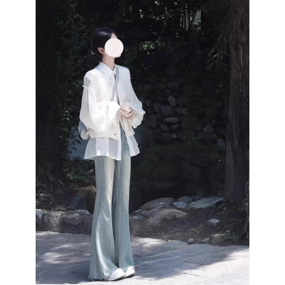 实价现货马甲衬衫牛仔裤套装女秋季小个子穿搭一整套高级感三件套