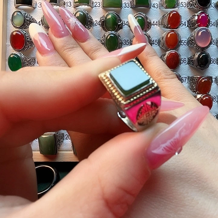 和田玉戒指银S925镶嵌困****۶