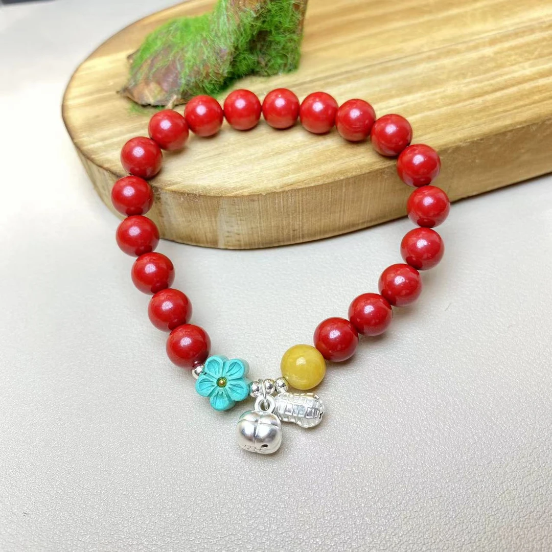 高含量朱砂帝王砂设计款银花生手串黄配珠松松朱砂手串