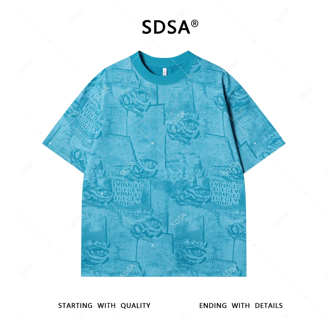 SDSA夏季高级感新款男士复古潮流满天星字母设计短袖T恤休闲百搭