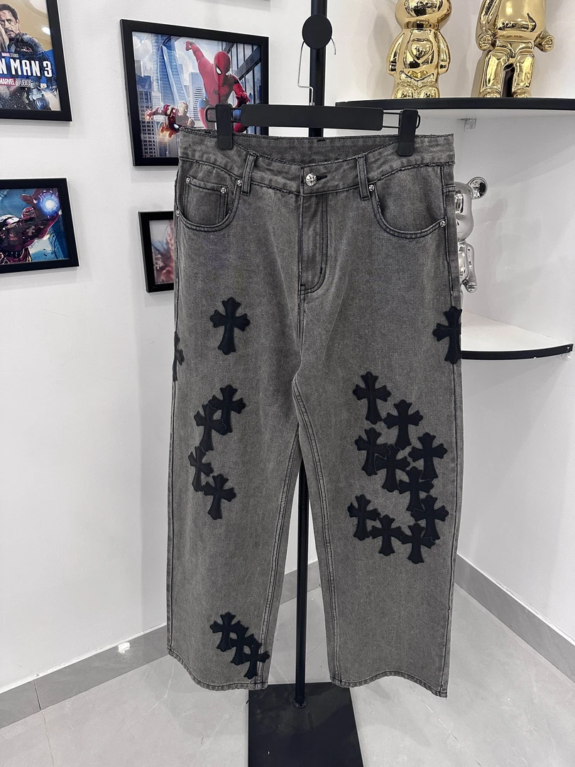 秋冬美式高街高级感轻奢重工拼皮极简牛仔裤EP3315