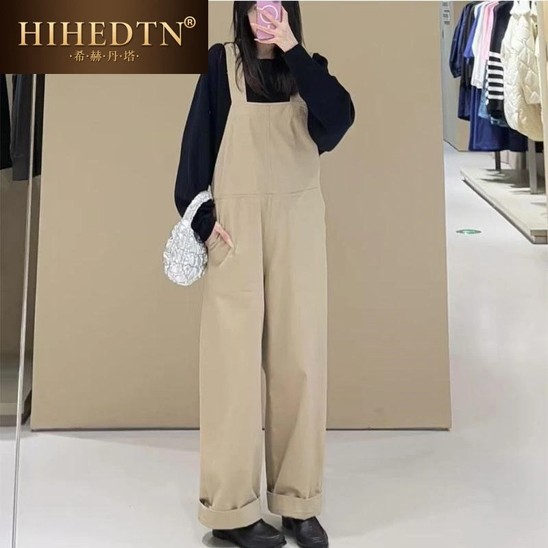 品牌时尚标准版型阔腿工装吊带连体裤米色2025春季宽松女装背带