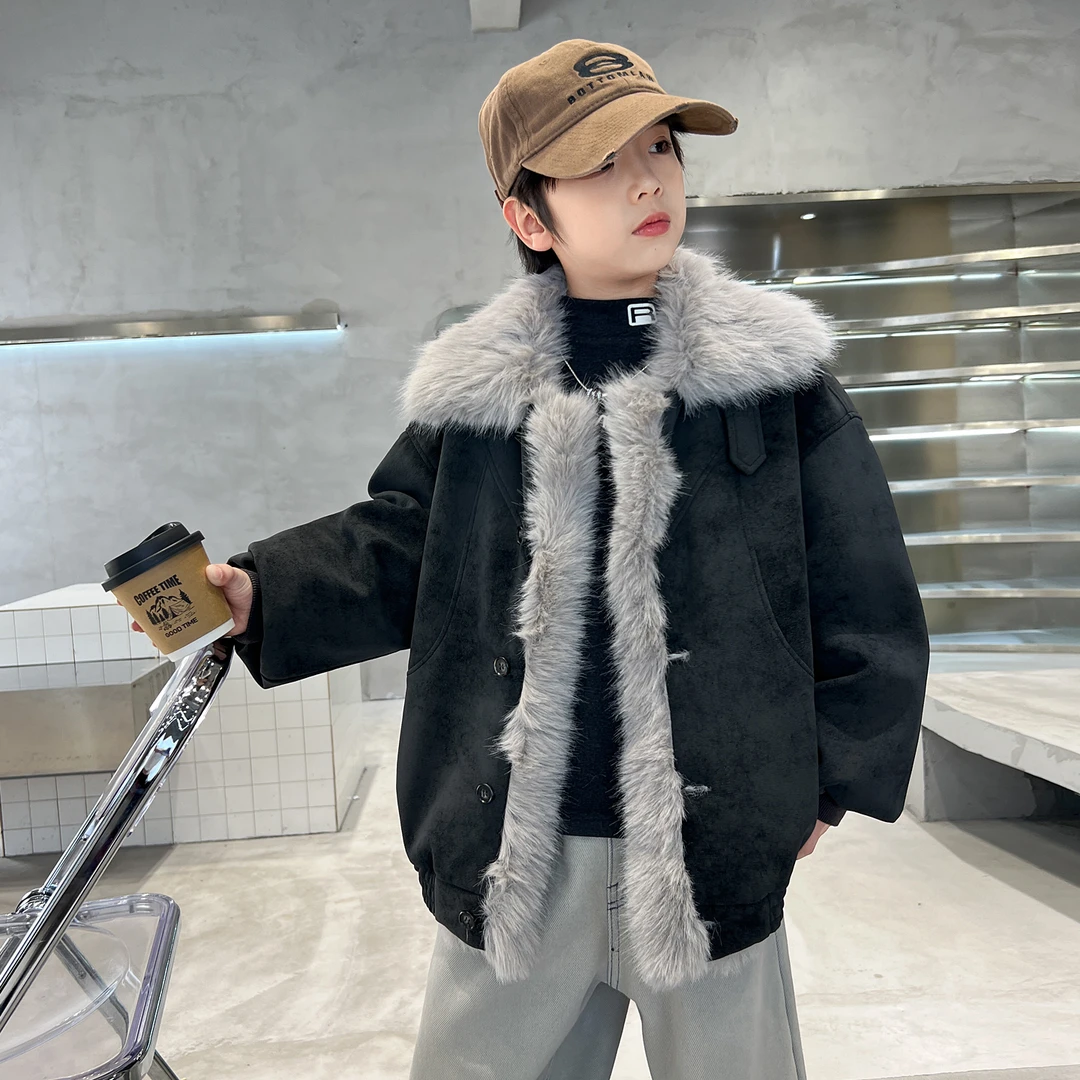 男童冬装加绒加厚外套2025新款儿童冬夹棉派克服皮毛一体毛领上衣