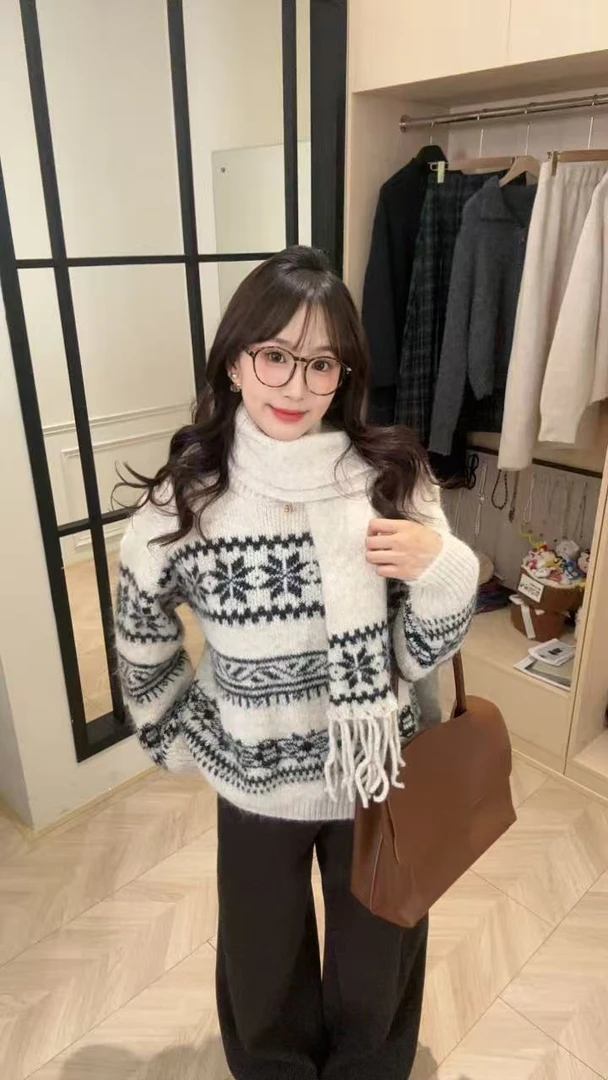 法式复古撞色雪花提花2025新款波普纹套头毛衣DG0190