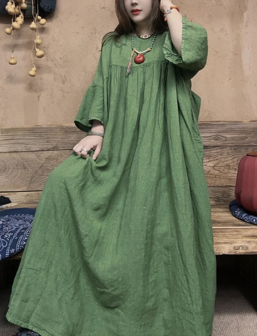 美子原创夏季新款宽松大摆文艺风女式中长连衣裙（衣长115胸围140）