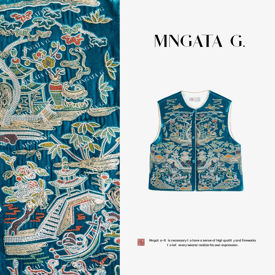 MNGATA G.宫小妍【苏绣·庭院人家】真丝丝绒刺绣新中式马甲5060766