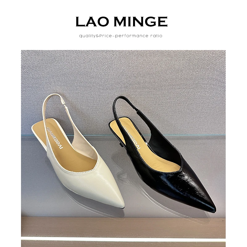 老敏哥尖头浅口一字扣细跟凉鞋漆皮通勤纯色细高跟鞋W152-712