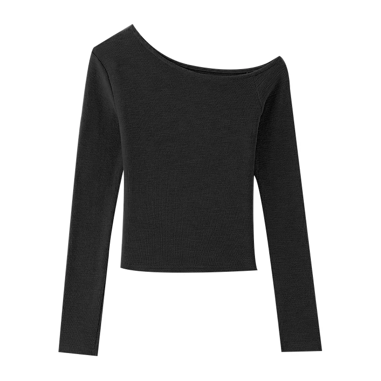 黑色斜肩内搭打底衫女春季可外穿修身纯欲风辣妹长袖t恤露肩上衣