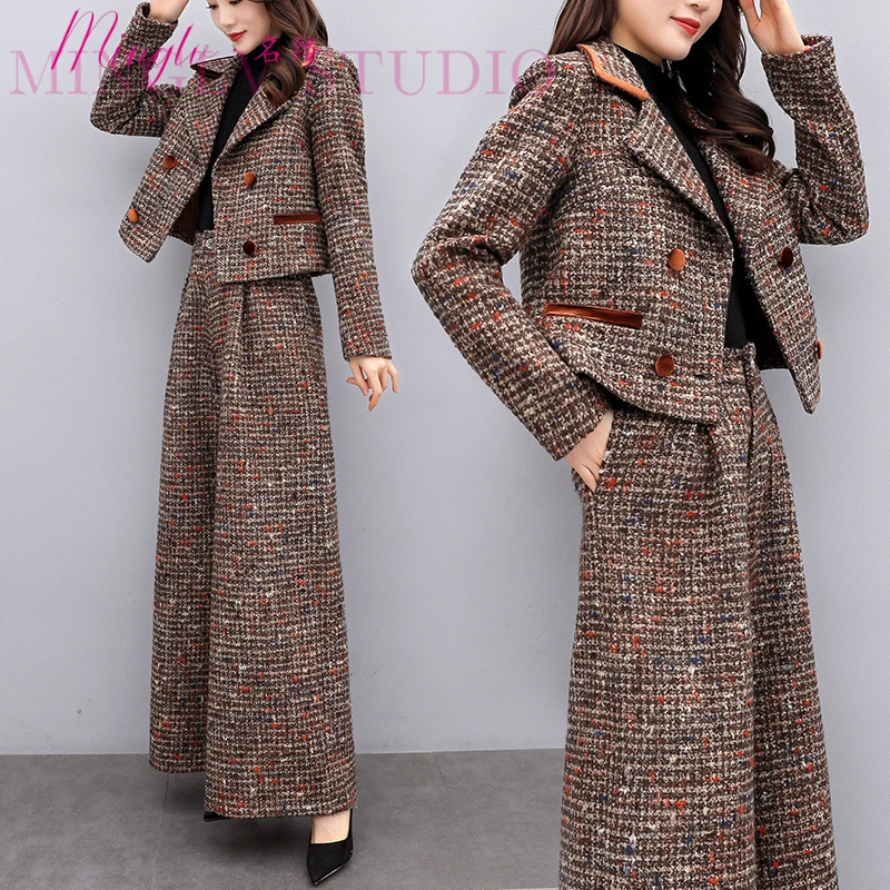 秋冬新款2025高端呢阔腿裤宽松时尚短款外套名媛气质显瘦女裤套装