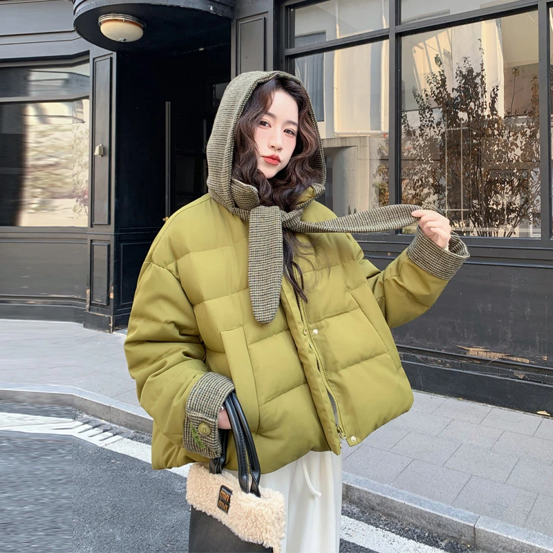 韩系风短款撞色连帽披肩羽绒服2025冬季新款小个子显白绿色面包服