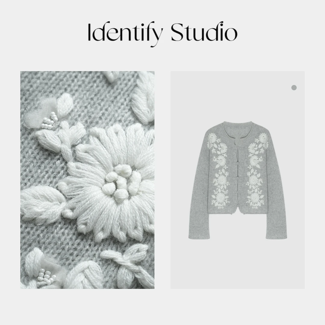 香香【白菊】灰色盘扣针织衫长袖气质新中式上衣女