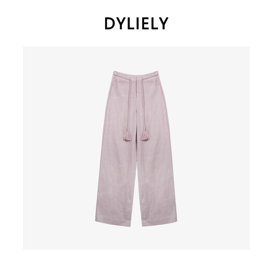 DYLIELY 【100亚麻】抽绳纯色高腰长裤直筒休闲裤女K25298