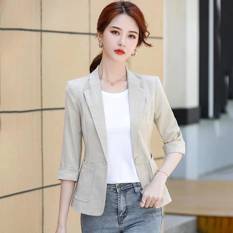 小西装外套女夏季薄款休闲2025新款短款小个子七分袖亚麻中袖西服