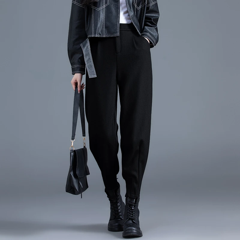 黑色毛呢裤束脚休闲裤2025冬季宽松高腰哈伦裤靴裤保暖灯笼女裤子