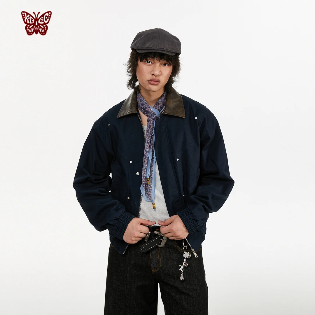 KBLC25秋冬哈灵顿撞色PU拼接洗褪斜纹机车分割短款复古外套